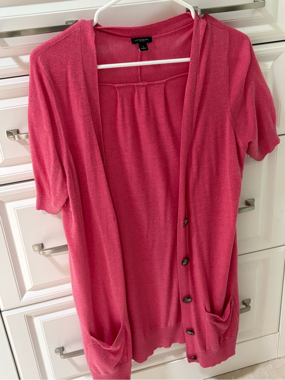 Ann Taylor Short Sleeve Button Cardigan - Bright Pink